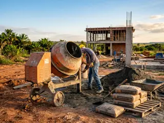 Betoneira laranja em canteiro de obras com sacos de cimento