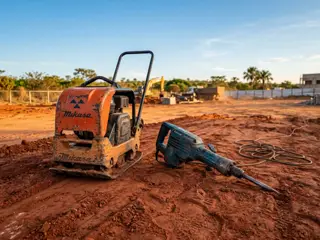 Compactador de solo tipo sapo e martelete sobre terra compactada