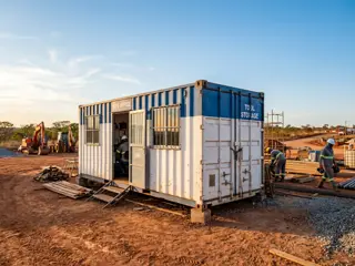 Container de obra usado como almoxarifado e escritório de canteiro